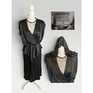 Vintage 80s Lola Berent Superstition Black Hooded Lace Draped Dress 9/10